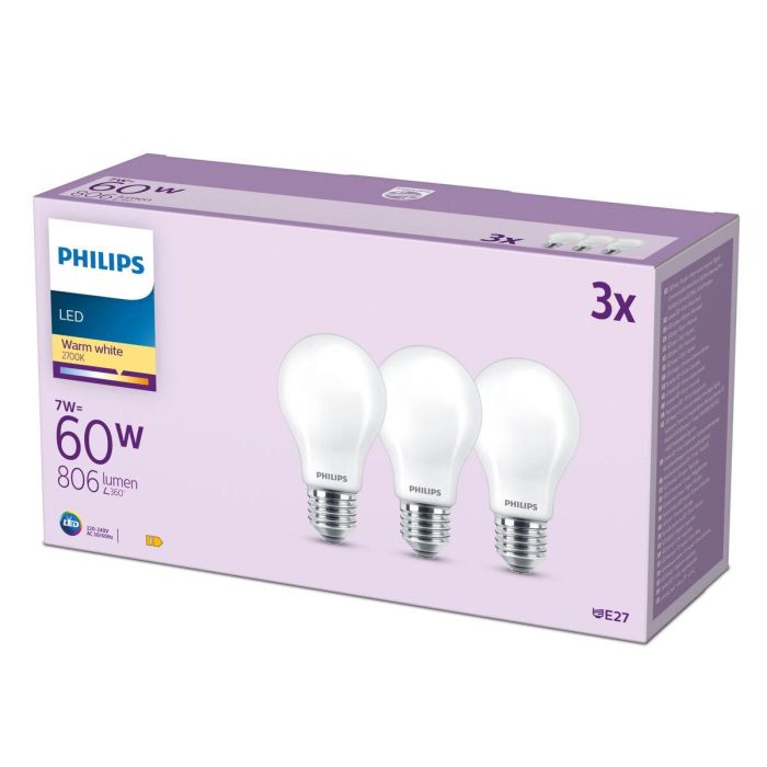 Philips PHI8719514452381 Bombilla LED Clásica A60 E27 Blanco Cálido 60W No Regulable Pack x3 4 Philips PHI8719514452381 Bombilla LED Clásica A60 E27 Blanco Cálido 60W No Regulable Pack x3 4