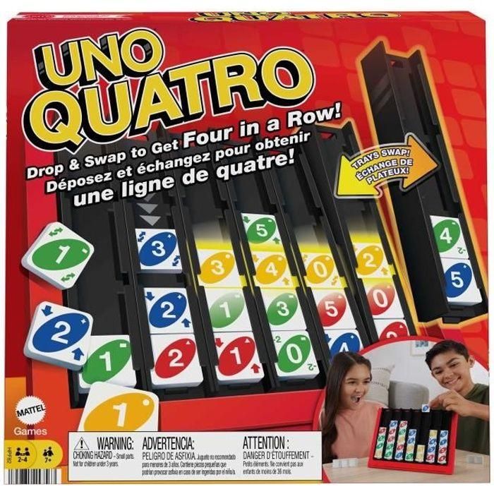 Mattel Games HPF82 UNO Quatro Juego de Cartas Familiar con Mecánica de Cuatro en Raya y Acciones Especiales