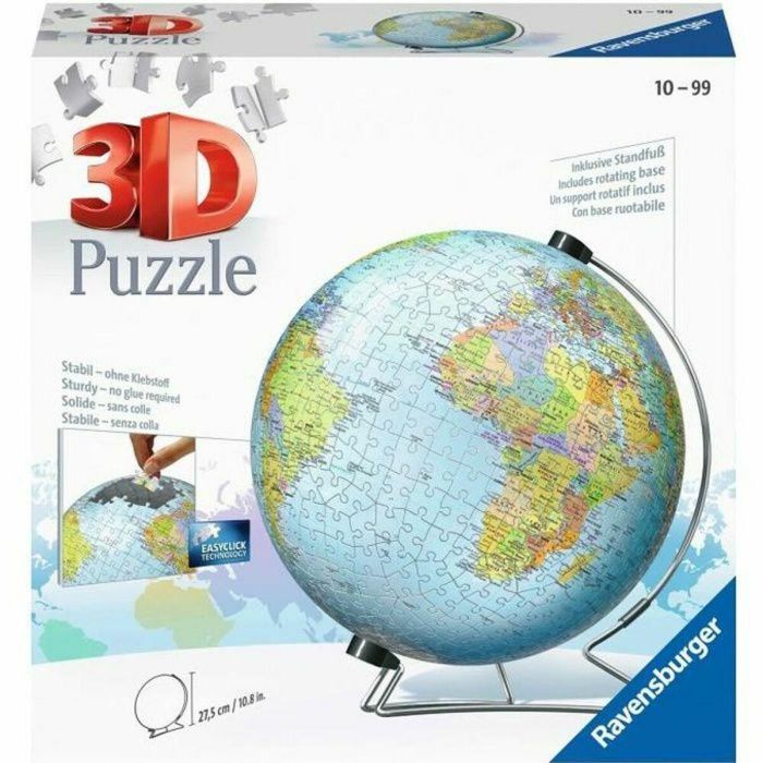 Ravensburger Puzzle 3D Globo Terráqueo Educativo de 540 piezas, montaje sencillo sin pegamento para +10 años.
