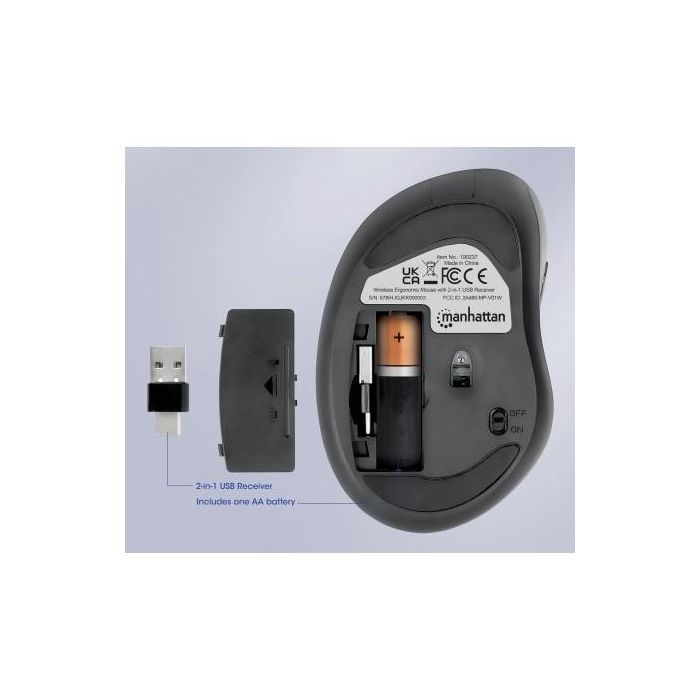 Manhattan Ratón Inalámbrico Ergonómico USB-A/C Óptico 1600 DPI Negro 6 Botones para Oficina 5