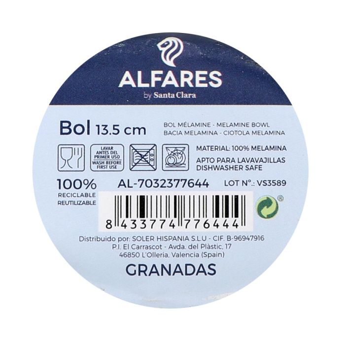 Alfares Bol o Cuenco 13.5 cm de Melamina Brillante Colección Granadas - 8 cm Ancho x 4 cm Alto (24 Unidades) 1