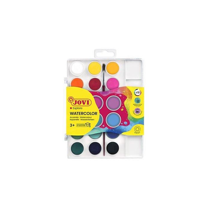 Jovi Acuarelas en Pastillas 22mm Colores Surtidos con Pincel Estuche 18 Unidades - Secado Rápido, Acabado Cubriente