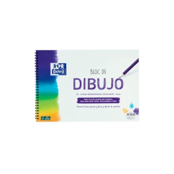 Oxford Bloc Dibujo Escolar T- Blanda Espiral 20H 130 gr A4+ C- Recuadro Liso Blanco