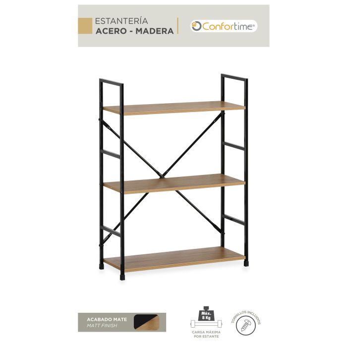 Confortime Estanteria 3 Niveles Metal-Madera Negra 85 cm Ancho x 25 cm Largo x 7 cm Alto 5