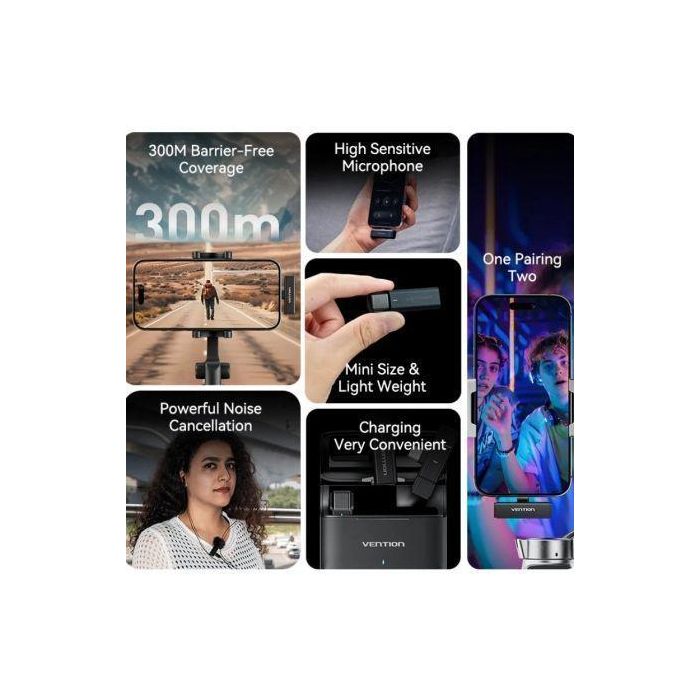 Vention NCAB0 Micrófono Inalámbrico con Clip, USB Tipo-C, Receptor Incluido, Paquete de 2 Unidades, Negro 3