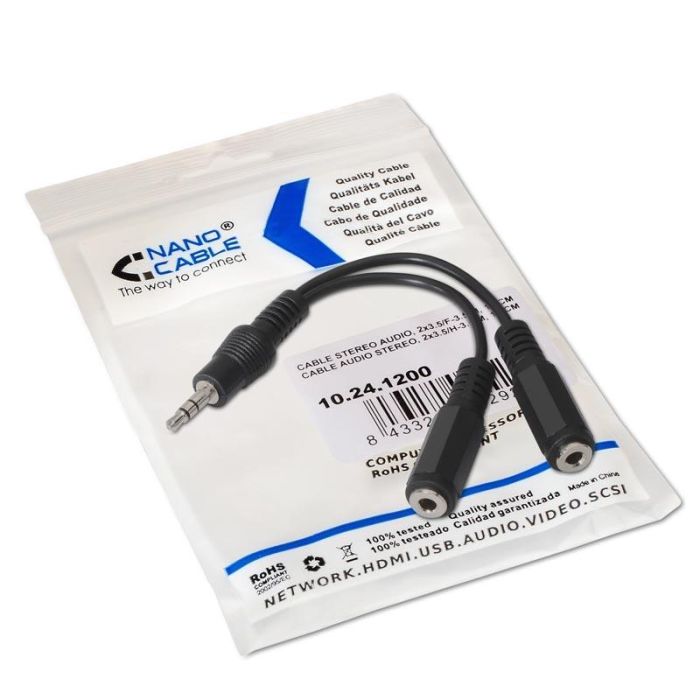 Nanocable 10.24.1200 Cable Estéreo Jack 3.5 Macho a 2x Jack 3.5 Hembra 15 cm Negro 2
