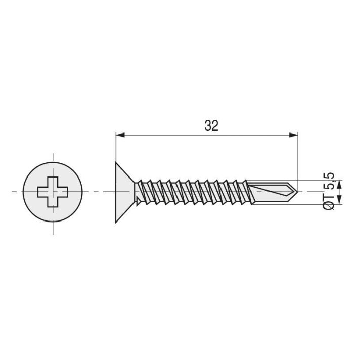 Tornillo Broca Rosca Chapa Cabeza Plana Din 7504-P Zincado Larg.R/Chapa 32Mm Ø Rosca Chapa 5.5Mm Index (200 Unidades) 1