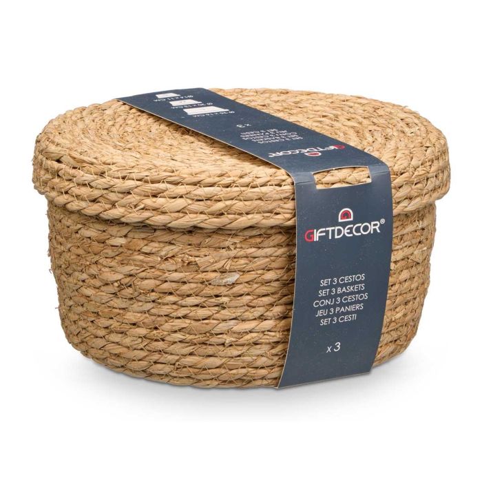 Set 3 Cestos con Tapa Redondo Giftdecor 25x16x25 cm, Fibra Natural (6 Unidades) 1
