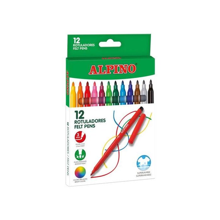 Alpino Rotuladores Superlavables Colores Surtidos Caja 12 Unidades Punta Fina 3mm Muy Resistentes y Brillantes