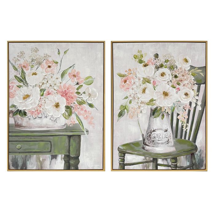DKD Home Decor Cuadro Shabby Verde Multicolor 80x60 cm. Hecho a Mano en Lienzo y PS. Juego de 2 Unidades con Diseño Florero (Surtido)