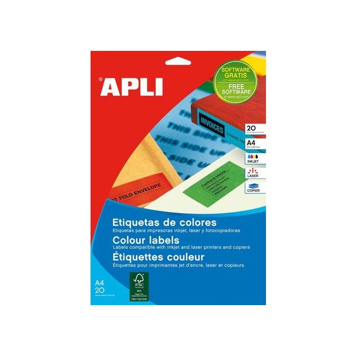 Apli Etiquetas Adhesivas 105x37 mm Verde Fluorescente para Inkjet-Láser, Pack 20 Hojas (320 Etiquetas)