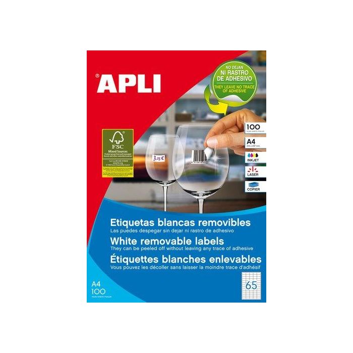 Etiquetas Adh.Impr.Apli A4 Blanca C.Rectos Removible Caja 100H 38X21,2 Mm 6.500 Uds.(03052)