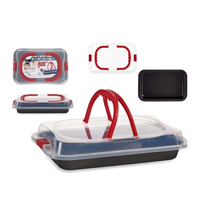 Molde Tartera Hierro Rectangular con Tapa Kinvara 36.5x23.5x5.5 cm, Negro/Rojo/Transparente (12 Unidades) Molde Tartera Hierro Rectangular con Tapa Kinvara 36.5x23.5x5.5 cm, Negro/Rojo/Transparente (12 Unidades)