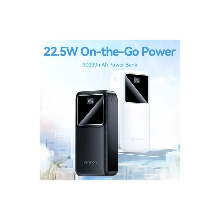 Vention FHMW0 Powerbank 30000mAh 22.5W Blanca con Pantalla LED, Micro-USB, USB-C, USB-A para Carga Rápida