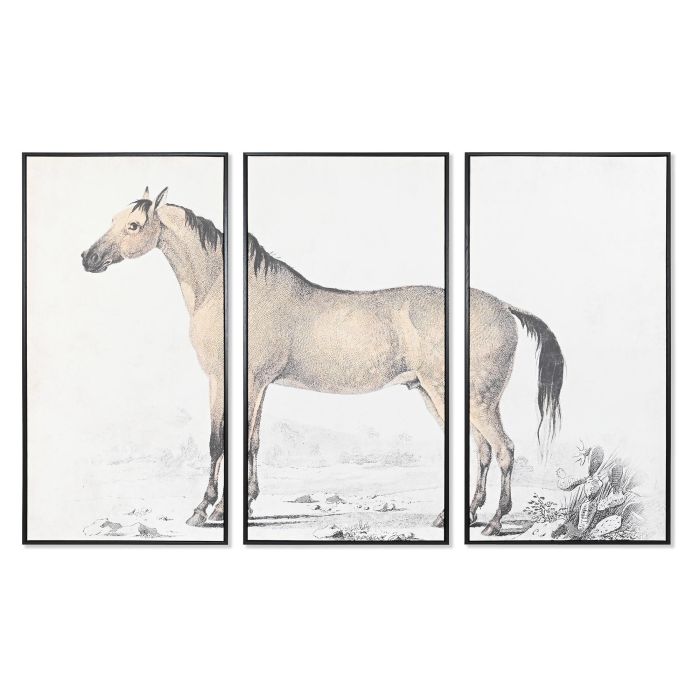 DKD Home Decor Cuadro Decorativo Glam Caballo Set de 3 Piezas de Lienzo PS Gris y Negro 180x120 cm para Pared Salón Dormitorio