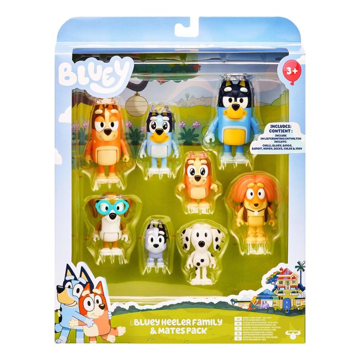 MOOSE 17199 Pack 8 Figuras Bluey Familia y Amigos - Juguete de Colección para Niños +3 Años