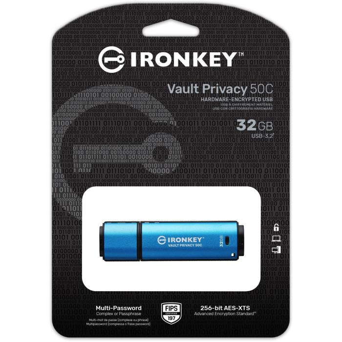 Kingston Vault Privacy 50C 32GB USB-C 3.2 Gen 1, AES-256, FIPS 197, Resistente al Agua, Negro/Azul