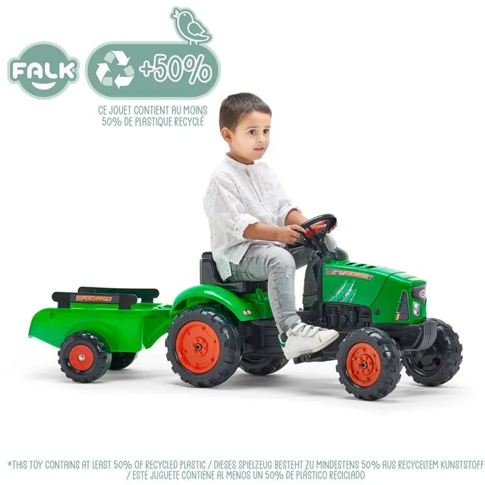 FALK Tractor de pedal Supercharger rojo con capó de apertura y remolque para niños de 2 a 5 años 1
