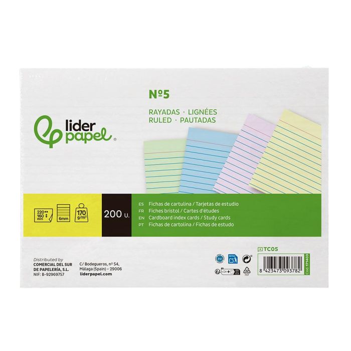 Tarjeta Liderpapel Para Estudiar Rayada Cartulina De Colores 170 gr-M2 160x220 mm Paquete De 200 Unidades 1