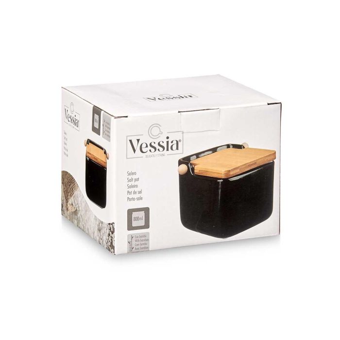 Salero de Cerámica Negro con Tapa de Bambú Vessia 14.5x11x12 cm (6 Unidades) 2 Salero de Cerámica Negro con Tapa de Bambú Vessia 14.5x11x12 cm (6 Unidades) 2