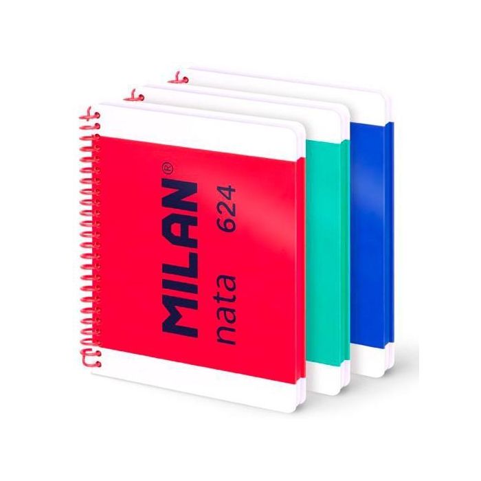Milan Cuaderno Espiral A5 80H Pautado 7 mm Tapa Dura Colección Nata® 624 Since 1918 Pack 3 Ud - Azul, Rosa, Verde
