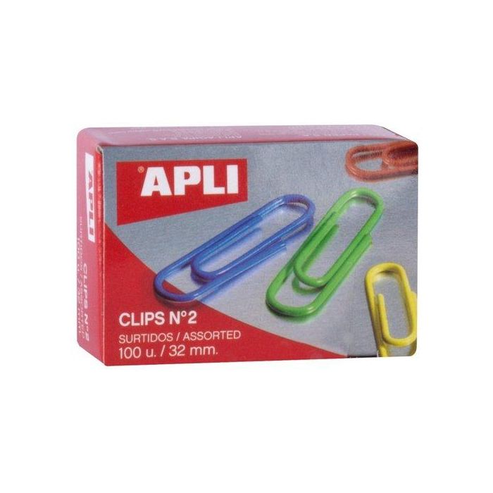 Apli Clips Nº 2 - 32 mm Caja 100 Ud C-Surtidos, Amarillo, Azul, Blanco, Negro, Rojo y Verde
