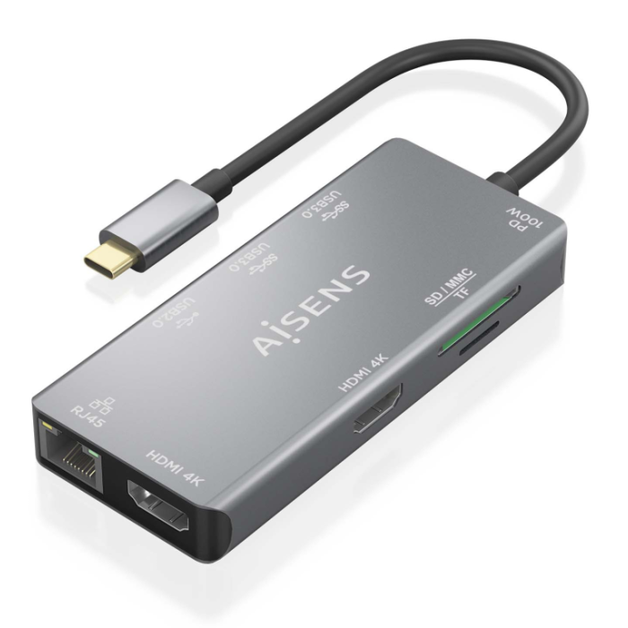 AISENS - USB-C DOCK 9 EN 1, USB-C A 2xHDMI, 1xRJ45, 2xUSB-A USB3.0, 1xUSB-A USB2.0, 1xUSB-C PD, 1xSD, 1xMICRO SD, GRIS, 15CM