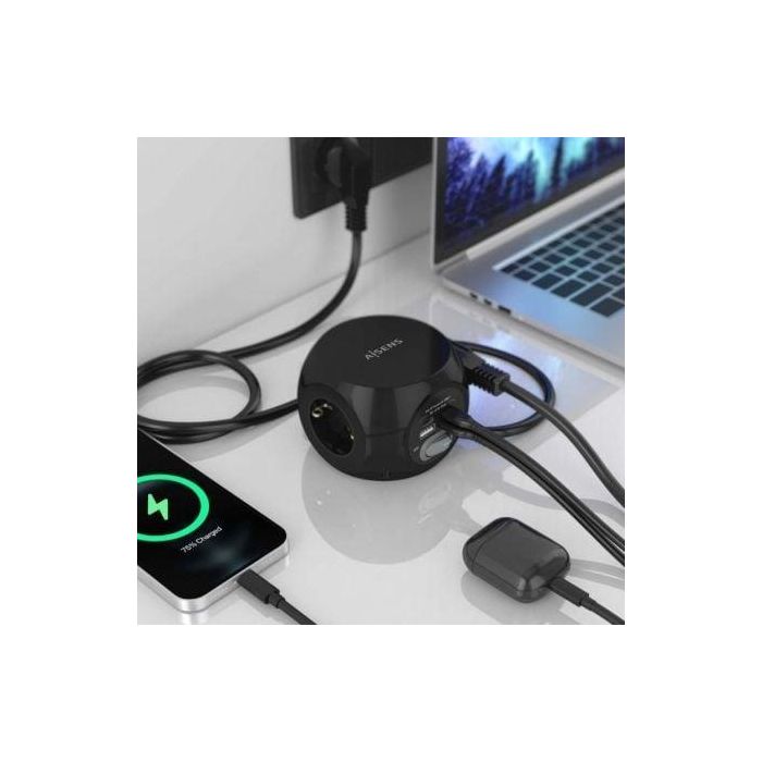 Aisens ASPS-2A2C05-BK Regleta Sobremesa 3 Tomas Schuko, 2 USB-C, 2 USB-A, Interruptor, Protección Infantil, Cable 1.4m Negro 4