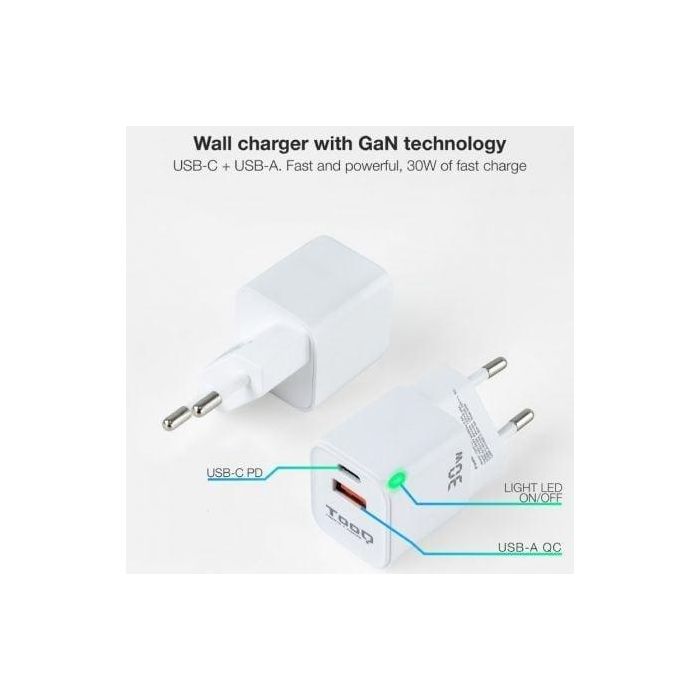 TOOQ CARGADOR DE PARED GaN USB-C/PD + USB-A/QC 30W 1 TOOQ CARGADOR DE PARED GaN USB-C/PD + USB-A/QC 30W 1