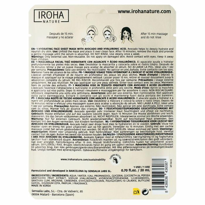 Iroha Mascarilla Facial Tisú Hidratante con Aguacate y Ácido Hialurónico - 1 Unidad