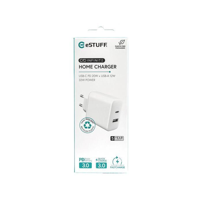 eSTUFF Cargador INFINITE USB-C PD 20W + USB-A 12W, Enchufe EU, Blanco, 98% Plástico Reciclado para Smartphones y Tablets 1 eSTUFF Cargador INFINITE USB-C PD 20W + USB-A 12W, Enchufe EU, Blanco, 98% Plástico Reciclado para Smartphones y Tablets 1