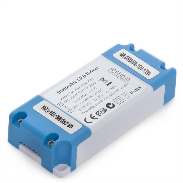 Driver LED Regulable 0-10V 12W DC 30-56V 300mA AC 100-277V Clase II para Plafones, Placas y Downlights GR-DRDIM0-10V-12W
