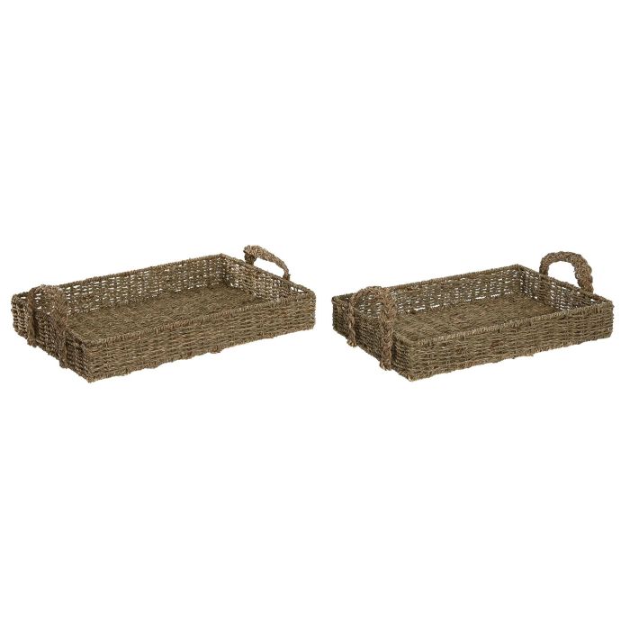 DKD Home Decor Bandeja Tropical Natural de Seagrass y Metal 50x35x15 cm Set de 2
