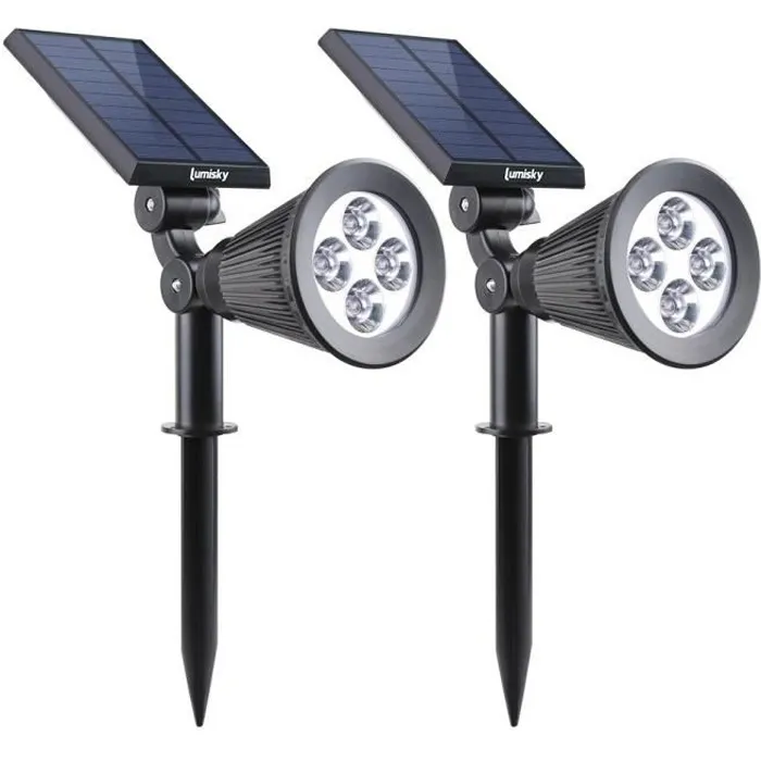 LUMISKY Paquete 2 Focos Solares Exteriores Impermeables 4 LED Blanco 200 Lm Cabezal Giratorio 90° LUMISKY Paquete 2 Focos Solares Exteriores Impermeables 4 LED Blanco 200 Lm Cabezal Giratorio 90°