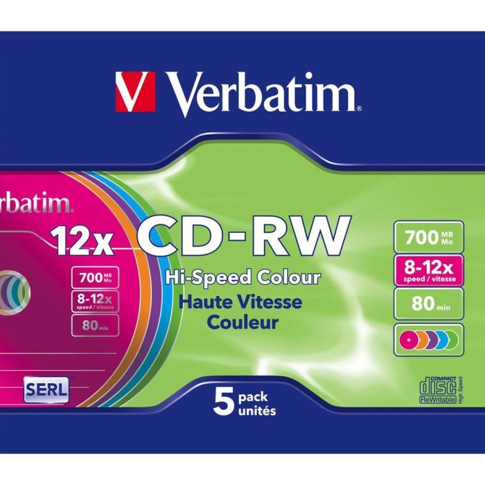 Verbatim Cd-Rw, 700Mb, 12X, 5 Pack Slim Case, Colour Surface Regrabable Verbatim Cd-Rw, 700Mb, 12X, 5 Pack Slim Case, Colour Surface Regrabable
