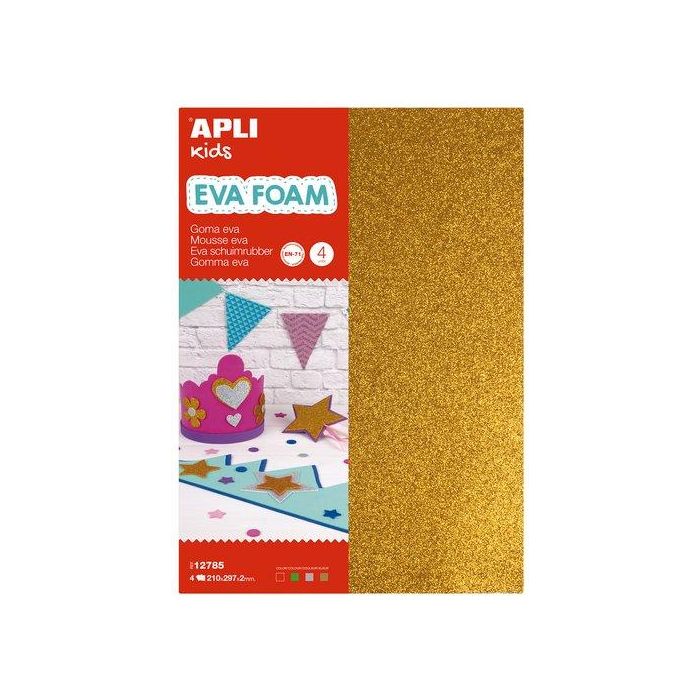 Goma Eva Apli Hoja 20X30 Cm Purpurina 4 Hojas (Oro, Plata, Verde Y Rojo)