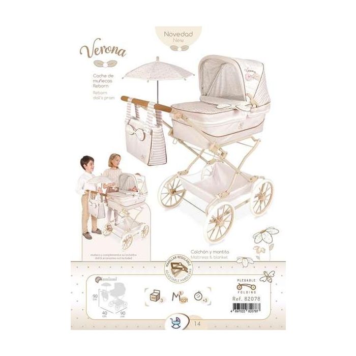 Decuevas Coche Reborn Plegable Verona con Sombrilla para Muñecas hasta 55 cm 40x90x90 cm Metal Plástico Poliéster 9