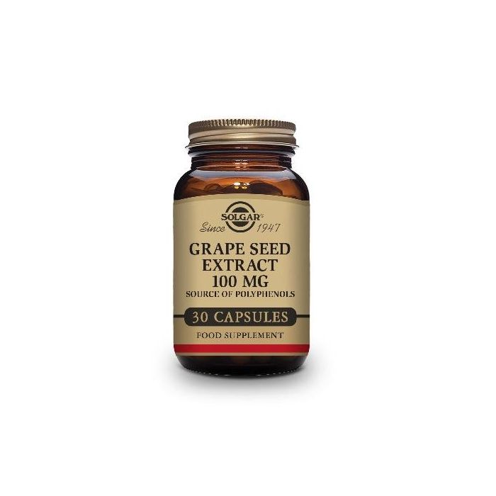 SOLGAR Semilla de Uva Grape Seed 100mg 30 Cápsulas. Refuerza Venas, Arterias, Colesterol, Antioxidante. Apto Veganos.