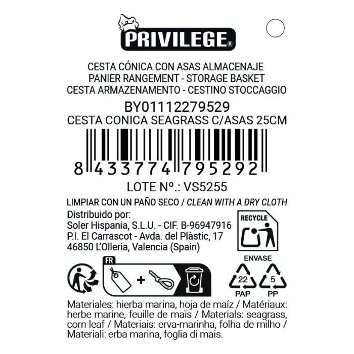 Inde Cesta Cónica Seagrass con Asas 25.9 x 28.2 x 24.7 cm 10