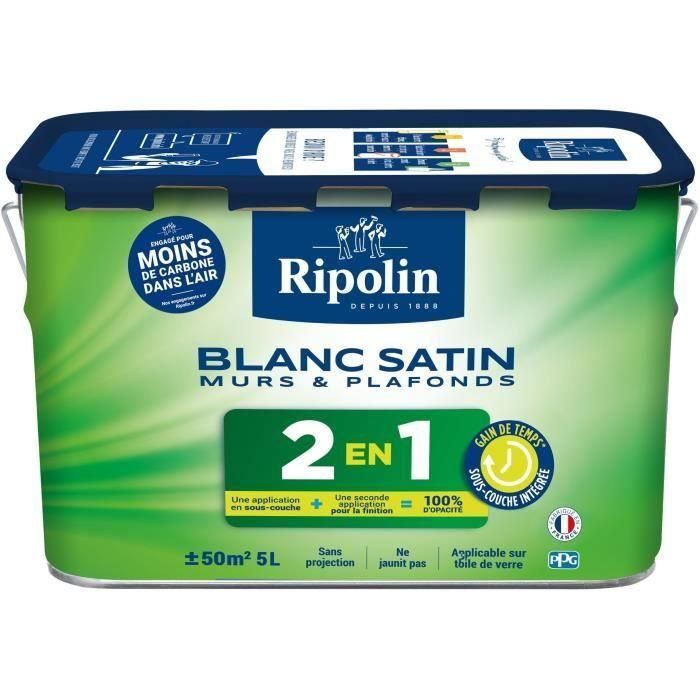 RIPOLIN - Pintura extrema para paredes y techos - Capa base integrada - Blanco satinado - 5 litros, 382322