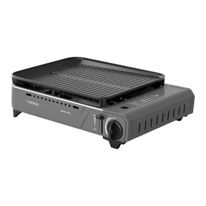 Campingaz Bistro Grill, Parrilla de Gas Portátil para Exterior 2000 W, Encendido Piezoeléctrico, Superficie Antiadherente 33.5x28 cm, Incluye Funda de Transporte