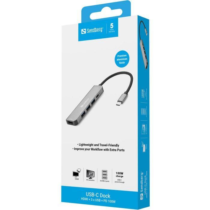 Sandberg USB-C Dock HDMI+3xUSB+PD 100W para conectar monitor, TV o proyector y periféricos USB con carga rápida 2