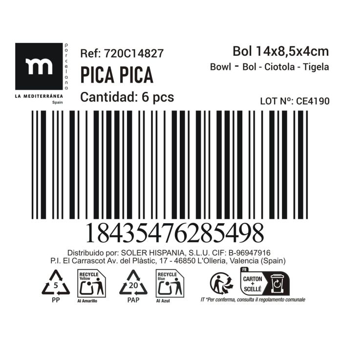 La Mediterranea Bol Aperitivo Ass.Col 14 x 8.5 x 4 cm "Pica-Pica" 200 ml (24 Unidades)