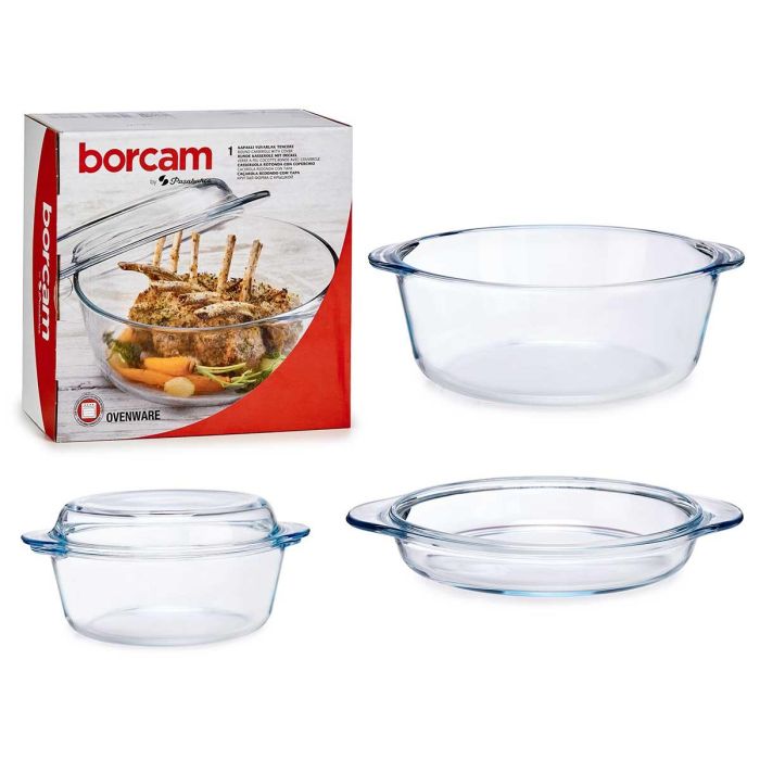 Pasabahce Cacerola con Tapa Borcam 2100 ml Vidrio Borosilicato Transparente 26x11x22 cm Apta Horno Lavavajillas Microondas (Set de 4)