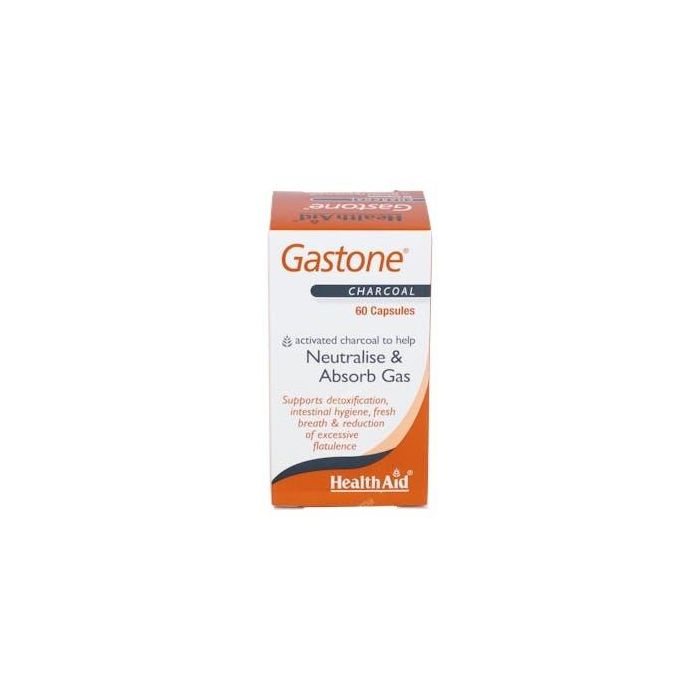 Health Aid Gastone Carbón Activado 260mg 60 Cápsulas. Reduce flatulencias excesivas, complemento alimenticio.