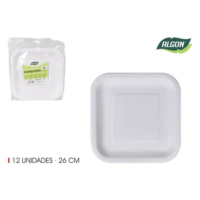 Set de 12 platos cuadrados de cartón natural 26 cm Algon (36 Cajas) Set de 12 platos cuadrados de cartón natural 26 cm Algon (36 Cajas)