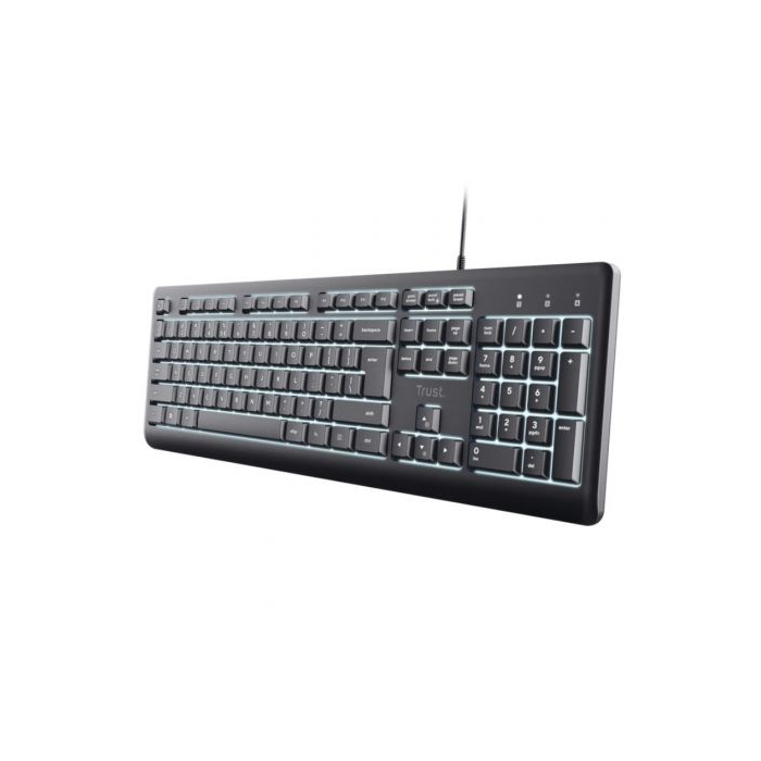 Trust Primo 25821 Teclado de Tamaño Completo con Iluminación LED, Teclas Silenciosas, Resistente a Derrames, USB-C, 104 Teclas, 436 x 184 x 22 mm, para PC Windows