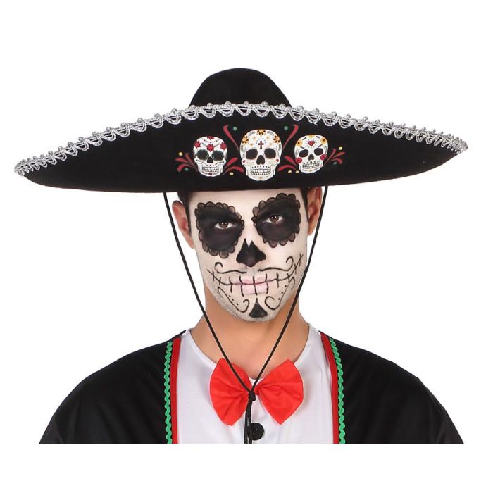 Sombrero Mariachi Negro con Calaveras Coloridas para Disfraz de Día de los Muertos / Halloween, Accesorio de Polyester para Adulto