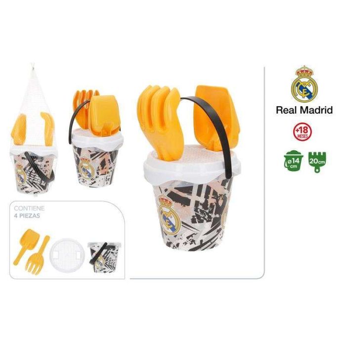 Cubo playa real madrid 14 cm con pala y rastrillo. 1
