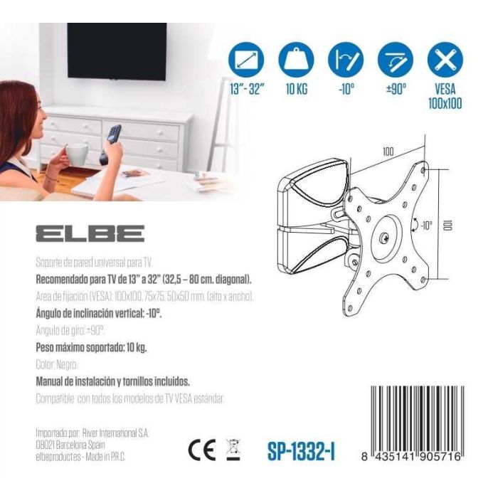 Elbe SP-1332-I Soporte de Pared Inclinable para TV 13-32 Pulgadas, Soporta hasta 10kg, Inclinación 10º, Giro 90º 2